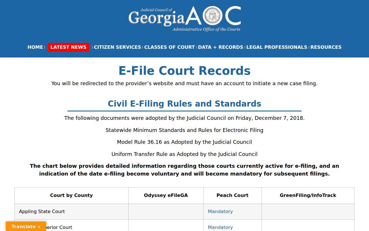 Berrien County civil docket Georgia e-filing matrix